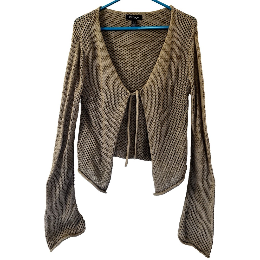 Refuge XL Crochet Cardigan Open Knit Flare Sleeve Tie Front Fairy Grunge Goblin